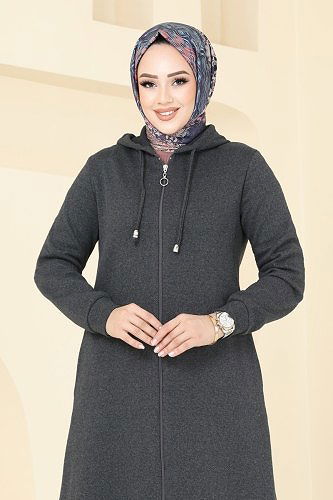 moda selvim عباءة رمادي غامق 308DVL817 - Thumbnail