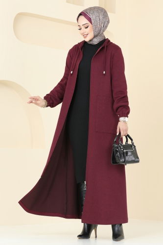 moda selvim Abaya 310DVL817 Burgundy - Thumbnail