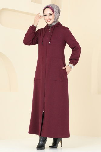 moda selvim Abaya 310DVL817 Burgundy - Thumbnail