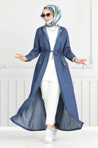 moda selvim عباءة جينز غامق 325MSS941-M - Thumbnail