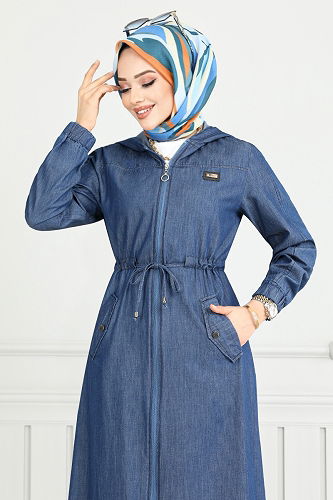 moda selvim عباءة جينز غامق 325MSS941-M - Thumbnail