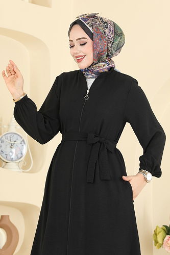 moda selvim عباءة أسود 3260HBS856 - Thumbnail
