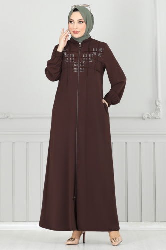 moda selvim Abaya 354DVL817 Brown - Thumbnail