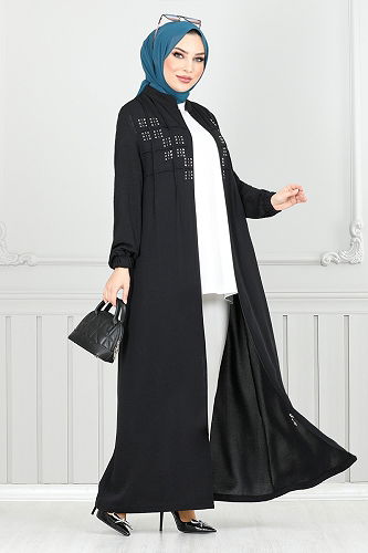 moda selvim Abaya 355DVL897-M Black - Thumbnail