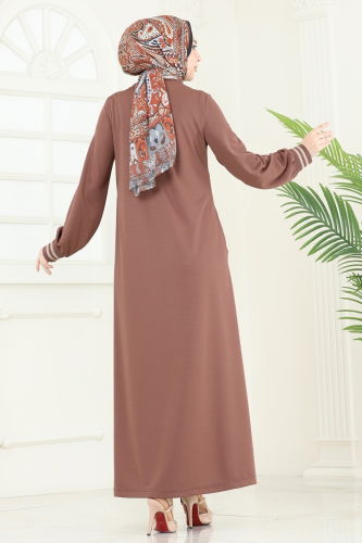 moda selvim Abaya 373DVL817 Brown - Thumbnail