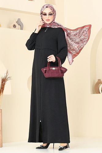 moda selvim Abaya 376DVL817 Black - Thumbnail