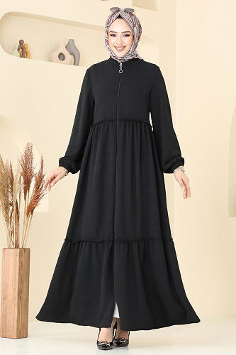 moda selvim Abaya 377DVL817 Black - Thumbnail