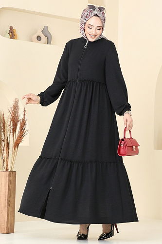 moda selvim عباءة أسود 377DVL817 - Thumbnail