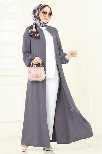 moda selvim عباءة رمادي غامق 378DVL817 - Thumbnail