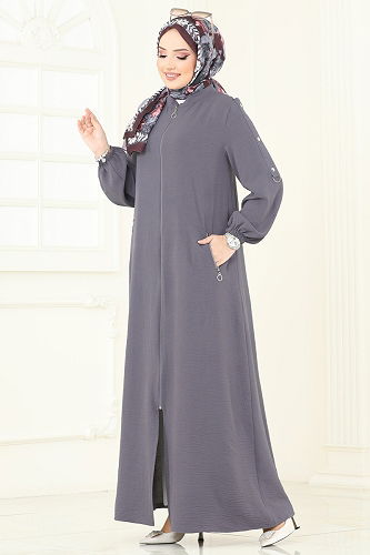moda selvim عباءة رمادي غامق 378DVL817 - Thumbnail