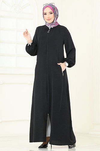 moda selvim Abaya 378DVL817 Black - Thumbnail