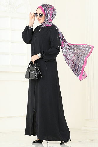 moda selvim Abaya 378DVL817 Black - Thumbnail