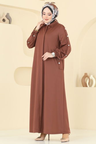 moda selvim Abaya 394DVL817 Brown - Thumbnail