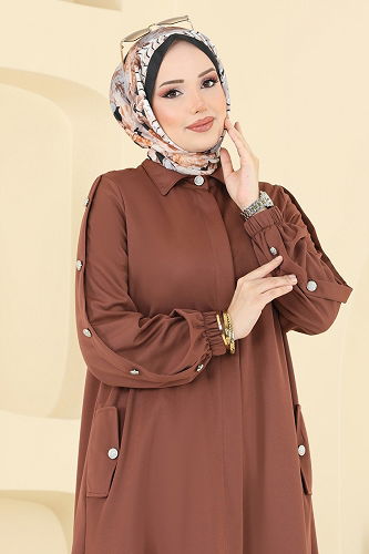 moda selvim Abaya 394DVL817 Brown - Thumbnail