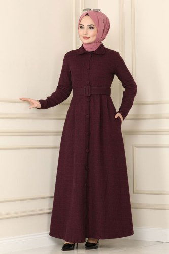 moda selvim Abaya 4025-1UKB139 Dark Claret Red - Thumbnail