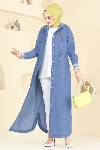 moda selvim عباءة جينز فاتح 4174MKL719 - Thumbnail