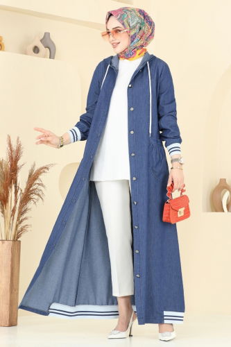 moda selvim عباءة جينز غامق 4180MKL719 - Thumbnail