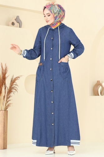 moda selvim عباءة جينز غامق 4180MKL719 - Thumbnail