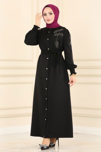 moda selvim Abaya 438EFS762 Black - Thumbnail