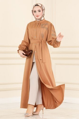 moda selvim Abaya 438EFS762 Latte - Thumbnail