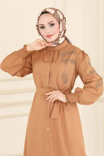moda selvim Abaya 438EFS762 Latte - Thumbnail