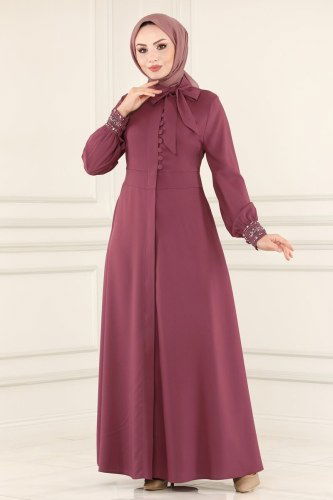 moda selvim Abaya 4521AH193 Dark Dusty Rose - Thumbnail