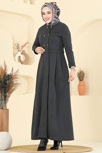 moda selvim عباءة رمادي غامق 460DVL817 - Thumbnail