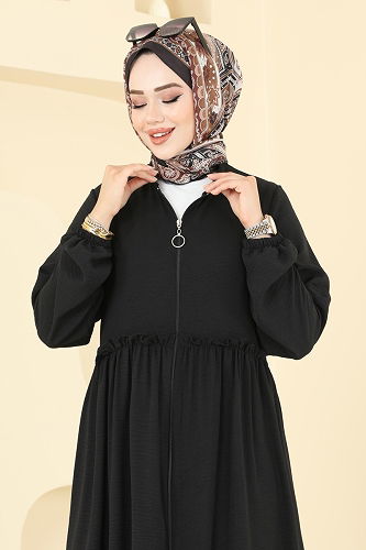 moda selvim عباءة أسود 6016UZ662 - Thumbnail