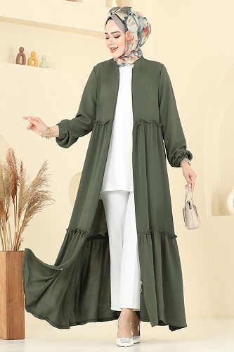moda selvim عباءة اخضر عفني 6016UZ662 - Thumbnail