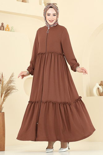 moda selvim عباءة عسلي 6016UZ662 - Thumbnail