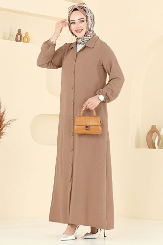 moda selvim عباءة بيج غامق 6017UZ662 - Thumbnail