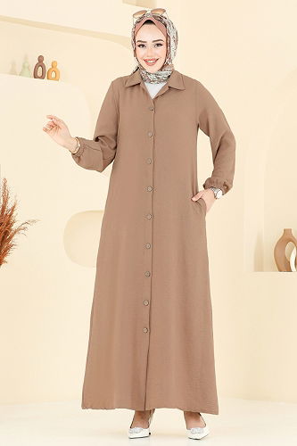 moda selvim عباءة بيج غامق 6017UZ662 - Thumbnail