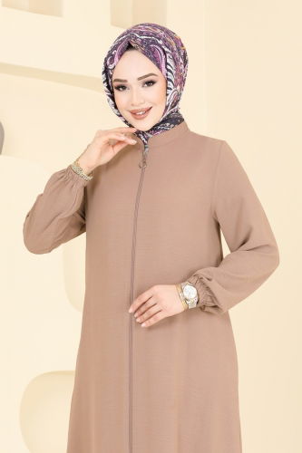moda selvim عباءة بيج 6019UZ662 - Thumbnail