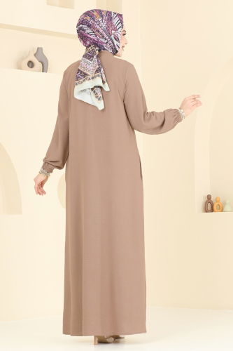 moda selvim عباءة بيج 6019UZ662 - Thumbnail