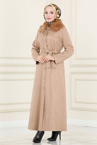 moda selvim عباءة بيج 6523YG95 - Thumbnail