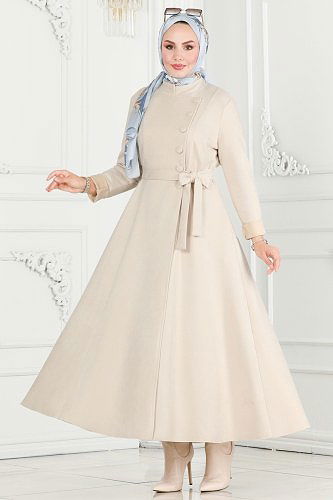 moda selvim عباءة بيج 6605YG95 - Thumbnail