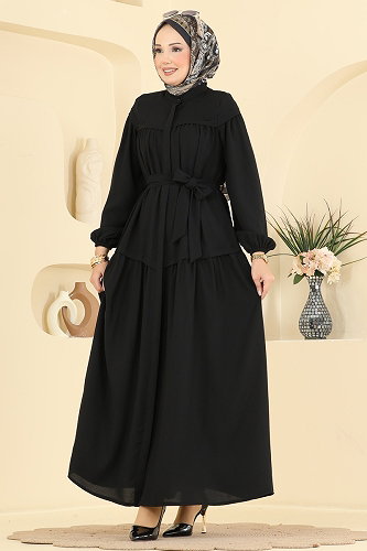 moda selvim عباءة أسود 7002OZT1013 - Thumbnail