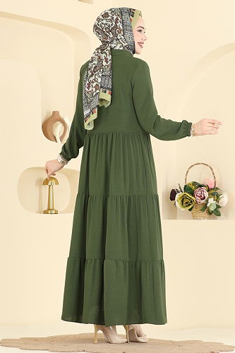 moda selvim عباءة أخضر عفني غامق 7052TGZ1164 - Thumbnail