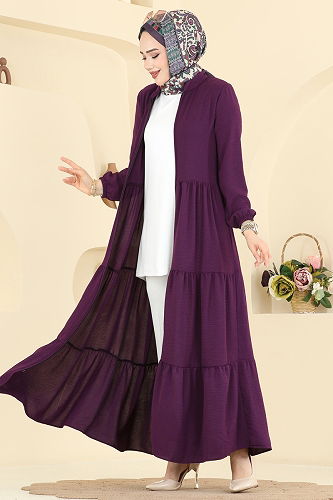 moda selvim Abaya 7052TGZ1164 Dark Purple - Thumbnail