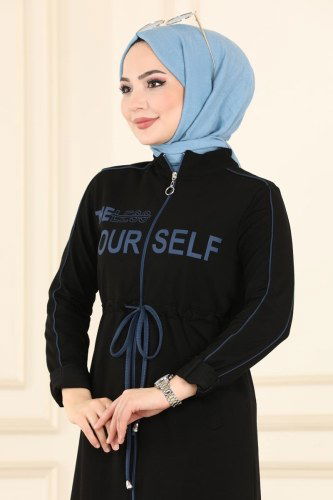 moda selvim Abaya 7055NZR779 Black&Indigo - Thumbnail