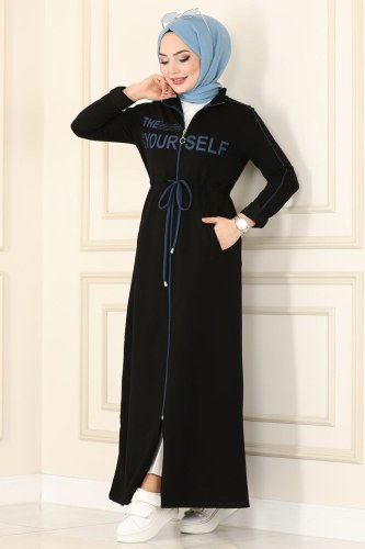 moda selvim Abaya 7055NZR779 Black&Indigo - Thumbnail