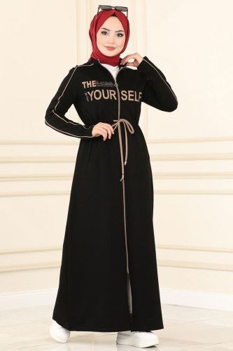 moda selvim Abaya 7055NZR779 Black&Latte - Thumbnail