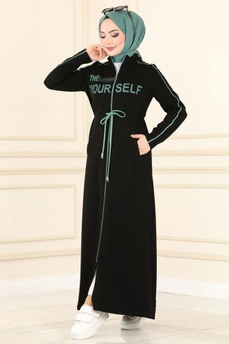 moda selvim Abaya 7055NZR779 Black&Mint - Thumbnail