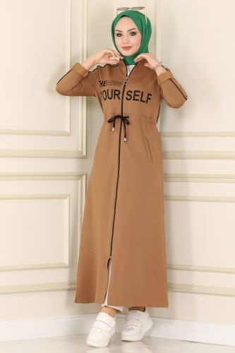 moda selvim Abaya 7055NZR779 Latte&Black - Thumbnail