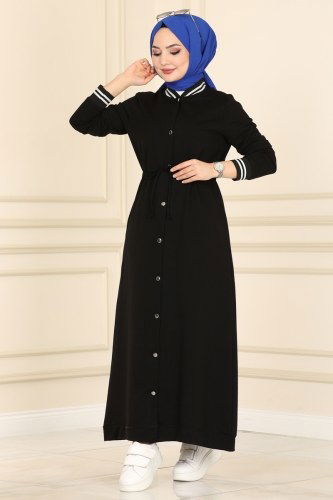 moda selvim Abaya 7099NZR779 Black&Ecru - Thumbnail