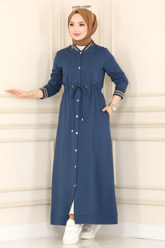 moda selvim Abaya 7099NZR779 Indigo&Light Brown - Thumbnail