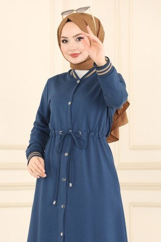 moda selvim Abaya 7099NZR779 Indigo&Light Brown - Thumbnail