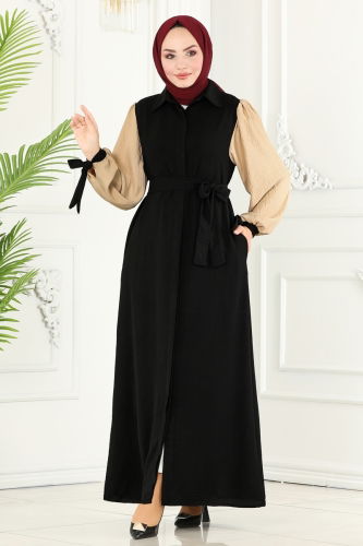 moda selvim Abaya 7181NZR779 Black&Stone - Thumbnail