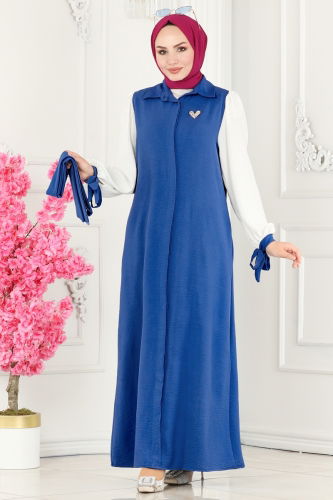 moda selvim Abaya 7181NZR779 Indigo&Ecru - Thumbnail