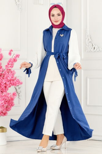 moda selvim Abaya 7181NZR779 Indigo&Ecru - Thumbnail